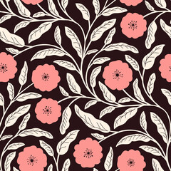 Elegant Daisies with Cream Leaves on Dark Background Pattern, seamless pattern