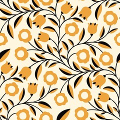 Golden Petals and Dark Leaves Pattern on Soft Creamy Background, seamless pattern