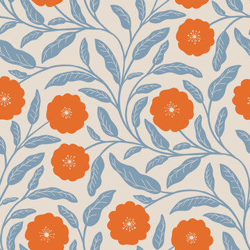 Bold Orange Botanical Blooms on Cream Pattern, seamless pattern