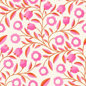 Blush Petals and Berry Leaves Pattern, seamless pattern