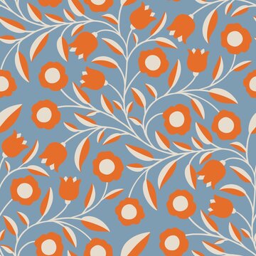 Orange and Cream Petals and Cream Leaves Pattern on Soft Blue Background, seamless pattern