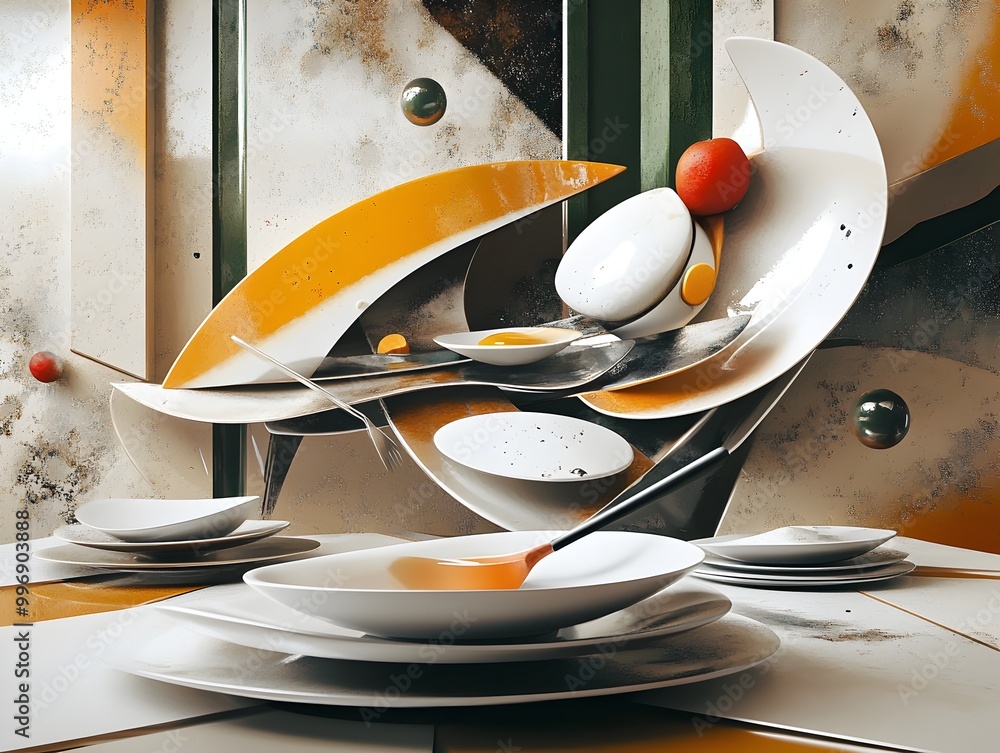 Poster surreal breakfast scene with plates bowls and cutlery that defy gravity set in abstract spatial arra