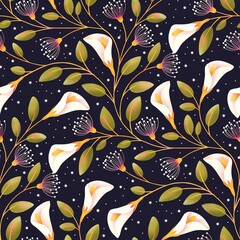Trailing Calla Lilies on dark background, seamless pattern