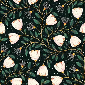 Trailing seamless pattern with white tulips on dark background
