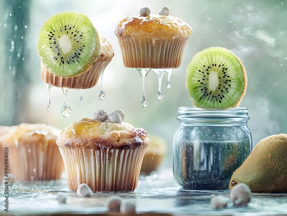 Poster surreal breakfast still life with hovering muffins suspended kiwi slices and a mystical jam jar capt