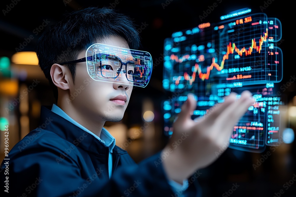 Poster A futuristic financial trader using holographic screens to review stock market data, with 3D charts and real-time analytics floating in the air