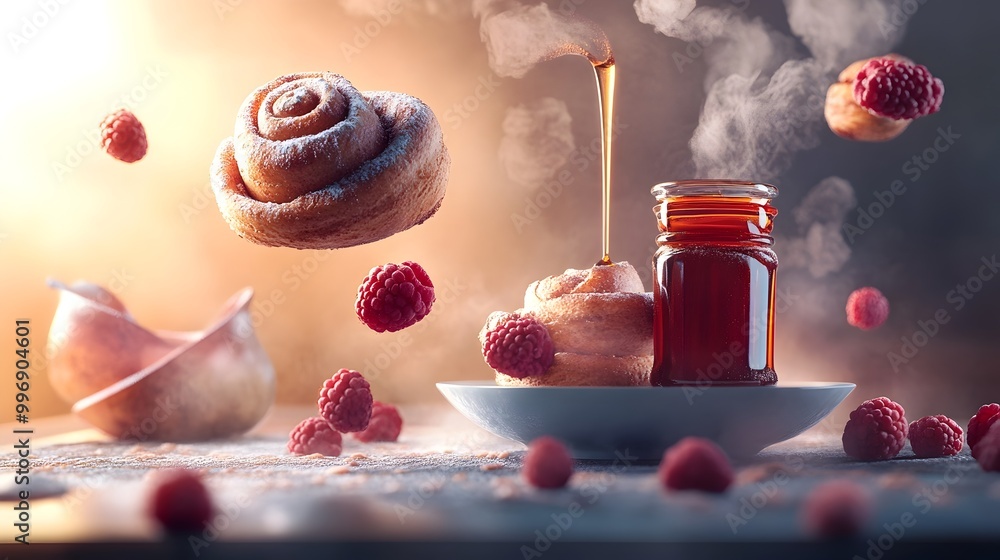 Aufkleber surreal breakfast vignette featuring hovering cinnamon rolls suspended raspberries and a levitating 