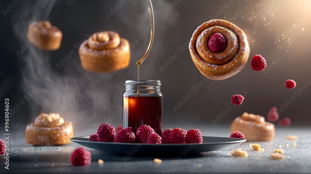 Poster surreal breakfast vignette featuring hovering cinnamon rolls suspended raspberries and a levitating 
