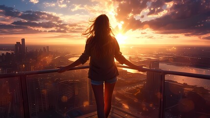 Fototapeta premium Detail-rich image of a woman in sporty attire at a building's edge.