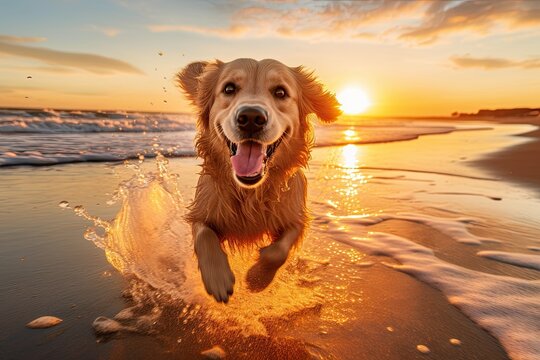 An enchanting 4K wallpaper featuring an award-winning photograph of a playful Golden Retriever running on a sandy beach