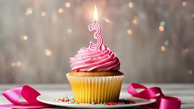 Birthday cupcake with lit birthday candle. Number three for three years or third anniversary.