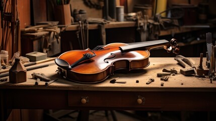 Fototapeta premium A beautifully crafted violin lies on a workbench in a woodshop, surrounded by tools and sawdust, conveying the artistry and craftsmanship of instrument making.