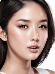 Obraz premium A close-up portrait of a young woman with smooth skin and natural makeup.