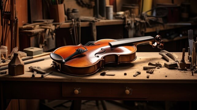 A beautifully crafted violin lies on a workbench in a woodshop, surrounded by tools and sawdust, conveying the artistry and craftsmanship of instrument making.