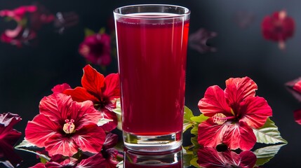 A glass of hibiscus juice with hibiscus flowers around the glass, set on a reflective surface