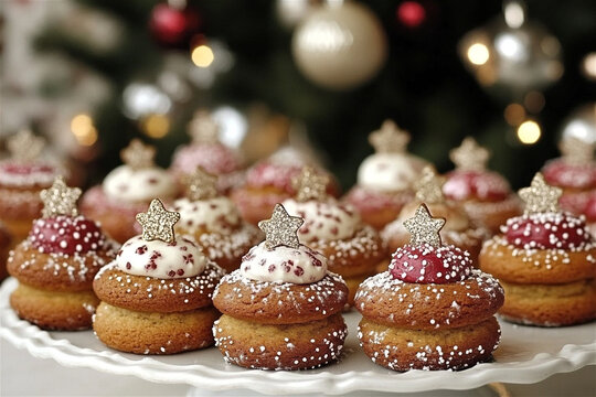 Delicious christmas cakes decorated with sugar stars standing on white plate against blurred christmas tree background