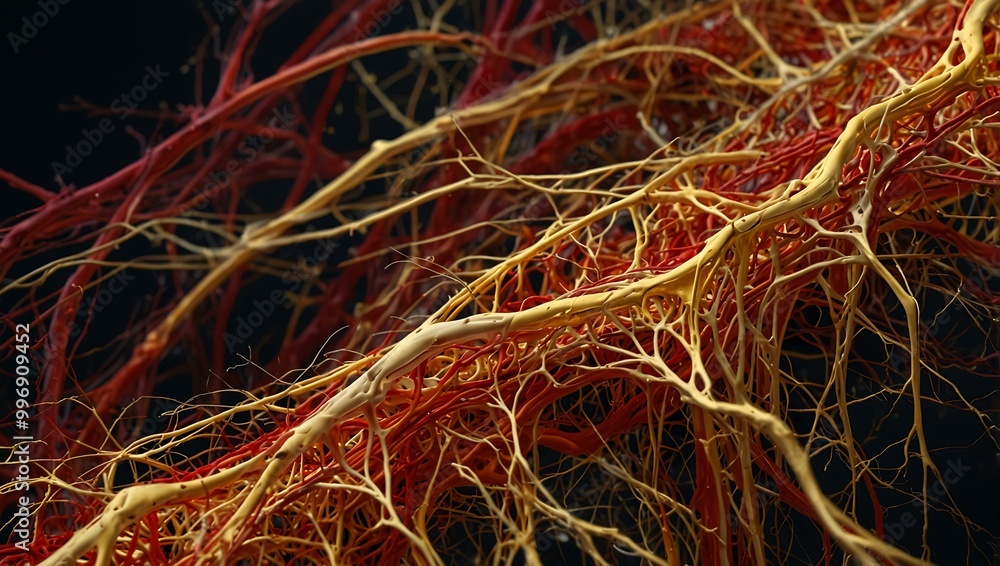 Poster detailed red and gold neural pathways in a flowing structure.