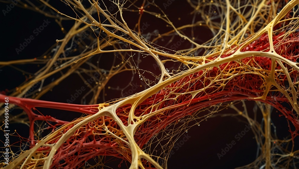 Poster detailed red and gold neural pathways in a flowing structure.
