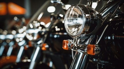 A row of shiny motorcycles with gleaming chrome details under bright lights, showcasing the polished and rugged beauty of these classic machines.