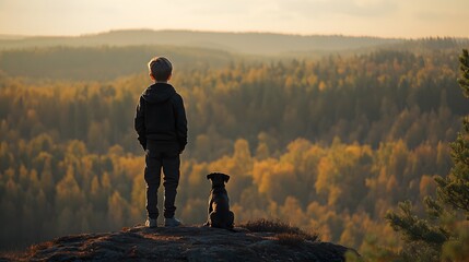 Boy and puppy stopping to admire the view of the forest from a high point