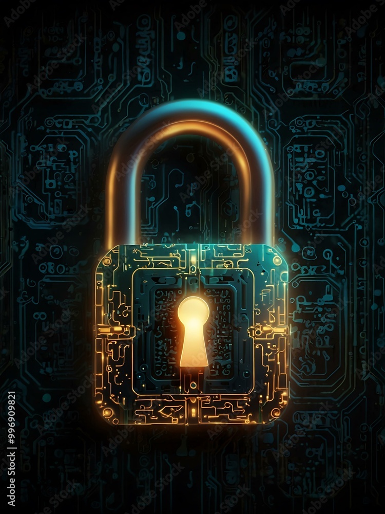 Aufkleber digital lock symbol with circuit patterns, glowing.