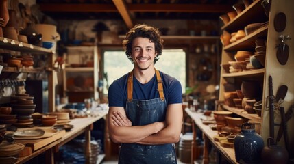 Fototapeta premium A young craftsman stands proudly in his pottery studio, surrounded by handmade ceramics, epitomizing dedication and artisanal craftsmanship.