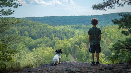 Boy and puppy stopping to admire the view of the forest from a high point