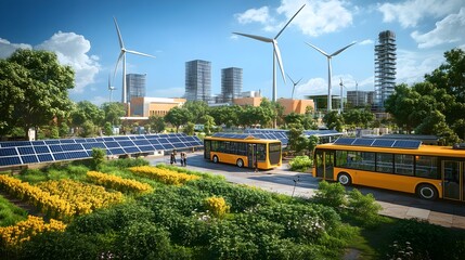 Obraz premium Sustainable Urban Transformation Powered by Renewable Energy Solutions Empowering Local Communities through Community Owned Solar Cooperatives Wind Turbine Architecture Electric Autonomous Transit