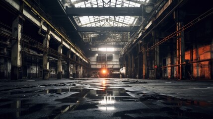 Fototapeta premium An old, abandoned industrial warehouse, partially illuminated by natural light streaming through broken windows, evokes feelings of nostalgia and decay.