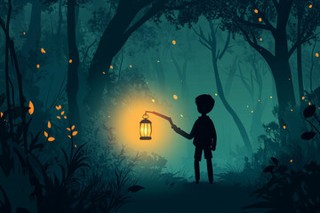 child with lamp in the night forest 