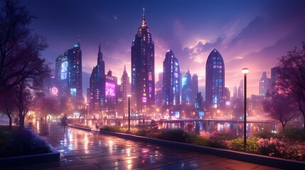 Obraz premium Cyberpunk-inspired Neo-Tokyo illuminated by dynamic volumetric light.