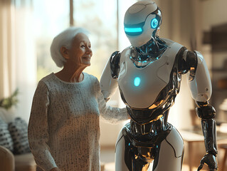 An elderly woman interacts with a robot assistant in a modern home