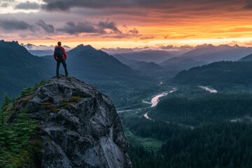 Fototapeta premium A hiker stands on a rocky cliff. The sunset paints the sky in vivid colors. Nature inspires awe and adventure. Perfect for travel and exploration themes. Generative AI