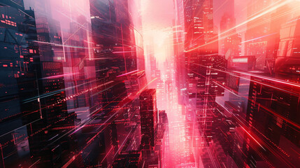Fototapeta premium Futuristic Neon Cityscape with Glowing Red Light Trails