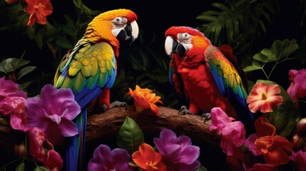 Obraz premium Two vibrantly colored parrots perched on a branch surrounded by lush tropical foliage and bright flowers, creating an exotic and lively scene.