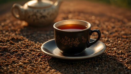 Eastern black tea in a traditional cup on a carpet at sunset.