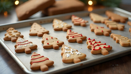 small decorated biscuits in the shape of Christmas tree lying on stainless baking sheet in light kitchen,  three rows of fir tree cookies coloured creatively by kids cooling down