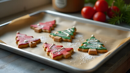 stainless baking tray with small decorated biscuits in the shape of Christmas tree,  cookies coated with red and green icing creatively coloured by children siting on a baking paper in kitchen