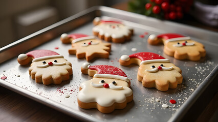 cookies of father christmas heads adorned with icing to depict detailed funny facial expressions sitting on baking sheet, decorated biscuits shaped Santa heads with humorous look on stainless tray