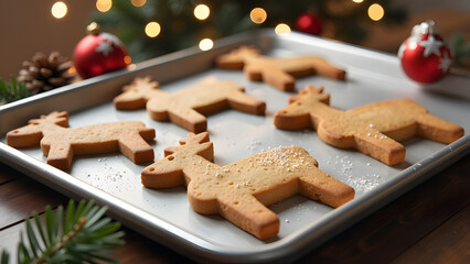 undecorated biscuits made in the shape of reindeer sitting on baking tray, baked cookies cooling down on a stainless baking sheet and ready to be decorated