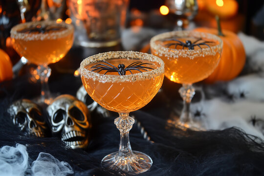 Halloween cocktail party, cocktails with themed decor spiders, skulls, spider webs