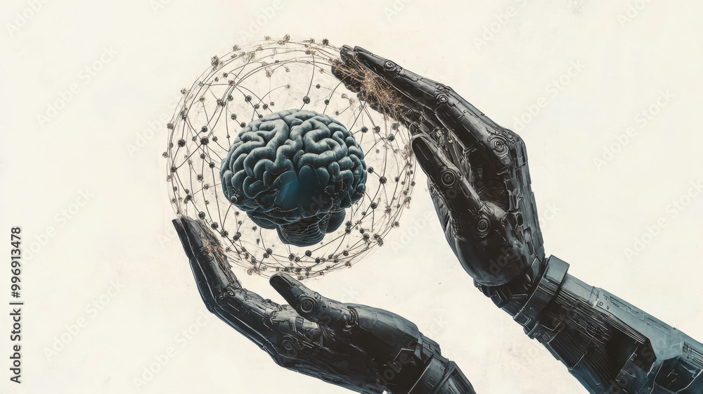 Poster robotic hands holding a floating brain symbolizing artificial intelligence and advanced technology