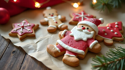 biscuit in shape of Santa Claus and decorated as Santa in red hat and red coat sitting on a baking paper together with other cookies shaped as snow flack, christmas tree and gingerbread boy 