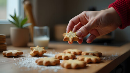 a man's hand taking a star shaped cookie from the table to eat it with milk, shortbread  biscuits sitting on counter in front of the window ready to be taken