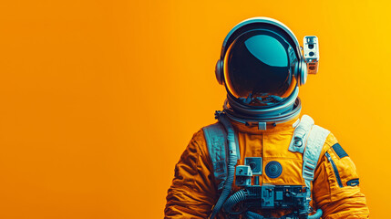 colorful photo of spaceman in orange spacesuit against vibrant yellow background, showcasing essence of space exploration and adventure