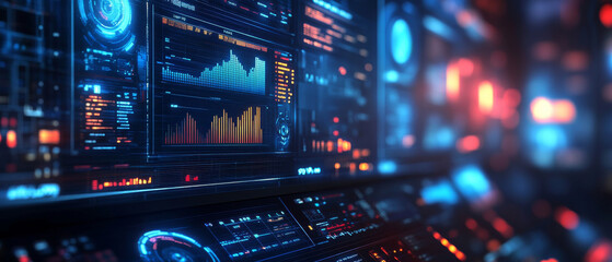 Fototapeta premium High tech hologram display showcasing production monitoring data with vibrant graphs and digital interfaces. futuristic design evokes sense of innovation and efficiency