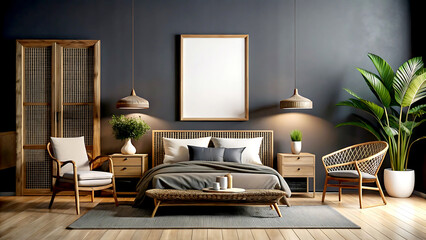 Home mockup, dark bedroom interior background with rattan furniture, 3d render, white Mock up frame
