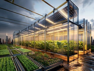 Vertical Farming and Solar Powered Greenhouses Blending Technology and Nature in the Urban Landscape  Futuristic and Innovative Metallic and Glass Structures with Dramatic Chiaroscuro Lighting