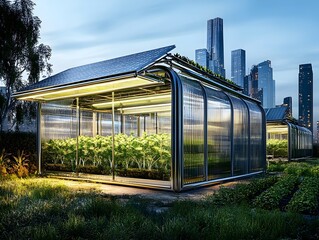 Fototapeta premium Vertical Farming and Solar Powered Greenhouses Thriving Urban Agriculture in a Futuristic Cityscape with Metallic and Glass Structures Dramatic Chiaroscuro Lighting