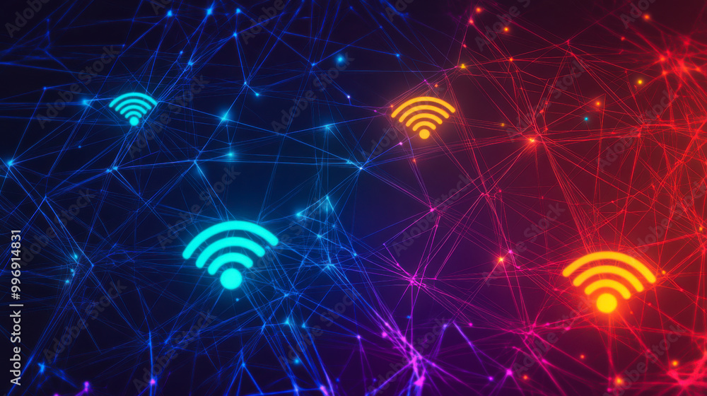 Aufkleber visual representation of wireless connectivity with signal icons against a vibrant digital network b
